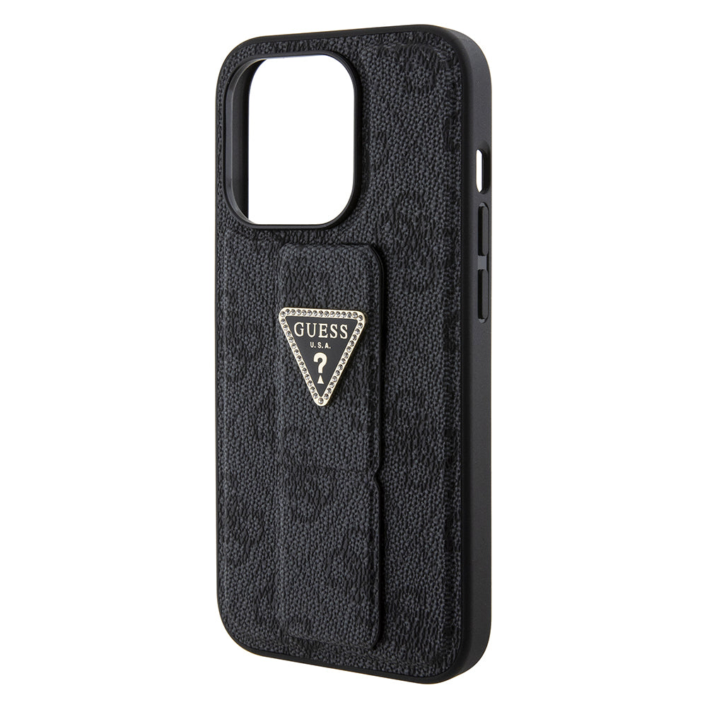 Capa para Apple iPhone 15 Pro, Guess, Grip Stand 4G Triangle Strass, Preta