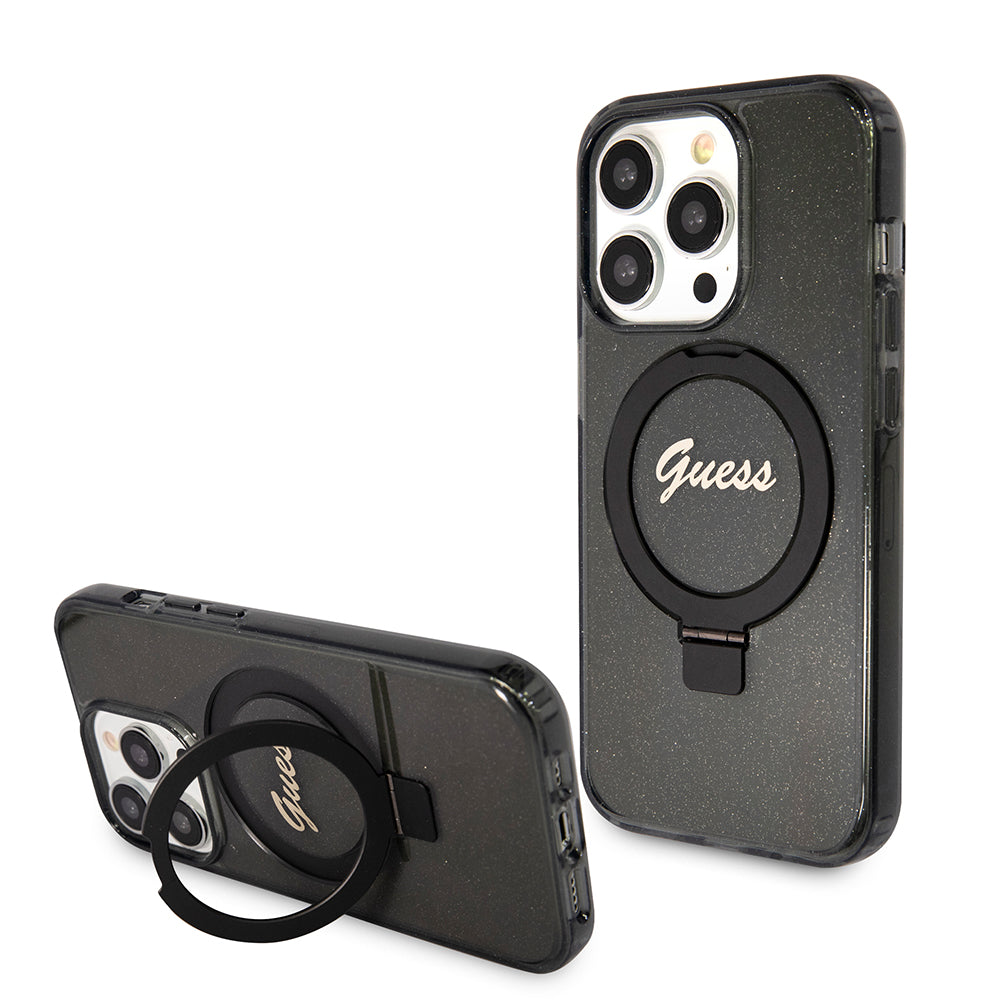 Capa MagSafe para Apple iPhone 15 Pro, Guess, IML Ring Stand Glitter, Preta