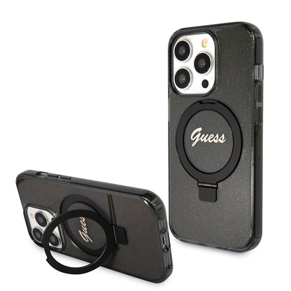Capa MagSafe para Apple iPhone 15 Pro, Guess, IML Ring Stand Glitter, Preta