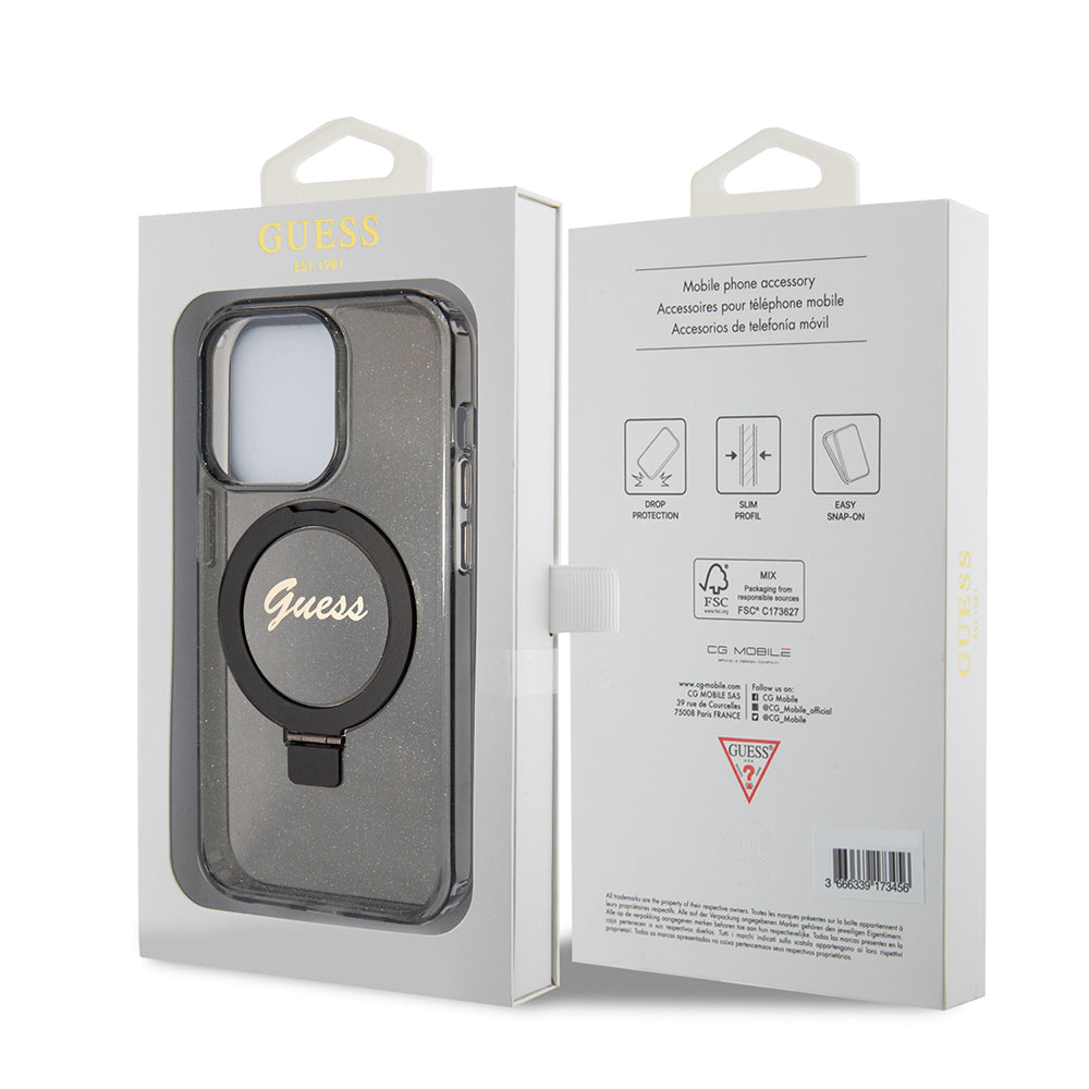 Capa MagSafe para Apple iPhone 15 Pro, Guess, IML Ring Stand Glitter, Preta