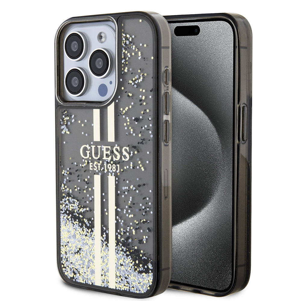 Capa para Apple iPhone 15 Pro, Guess, Liquid Glitter Gold Stripe, Preta