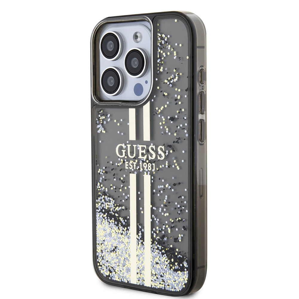 Capa para Apple iPhone 15 Pro, Guess, Liquid Glitter Gold Stripe, Preta