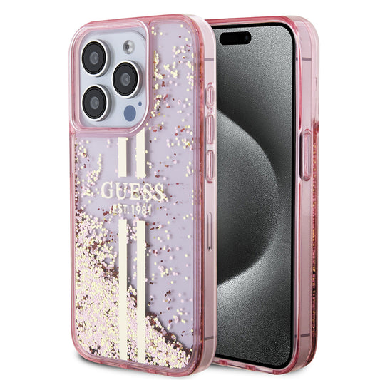 Capa para Apple iPhone 15 Pro, Guess, Liquid Glitter Gold Stripes, Rosa