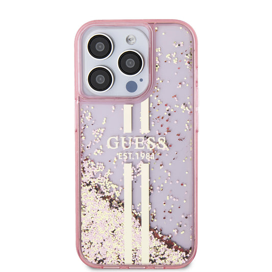 Capa para Apple iPhone 15 Pro, Guess, Liquid Glitter Gold Stripes, Rosa