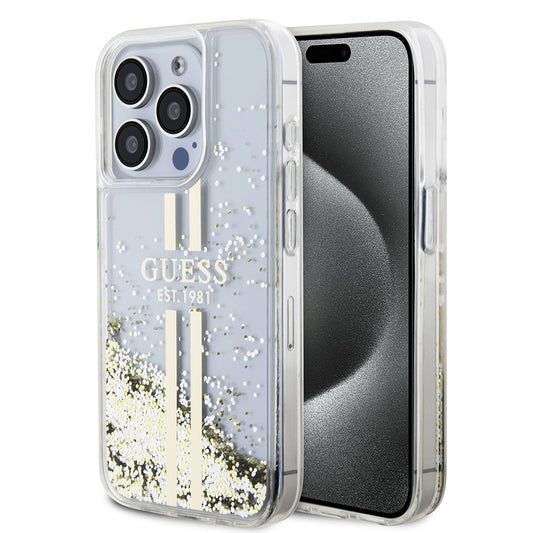 Capa para Apple iPhone 15 Pro, Guess, Liquid Glitter Gold Stripes, Transparente