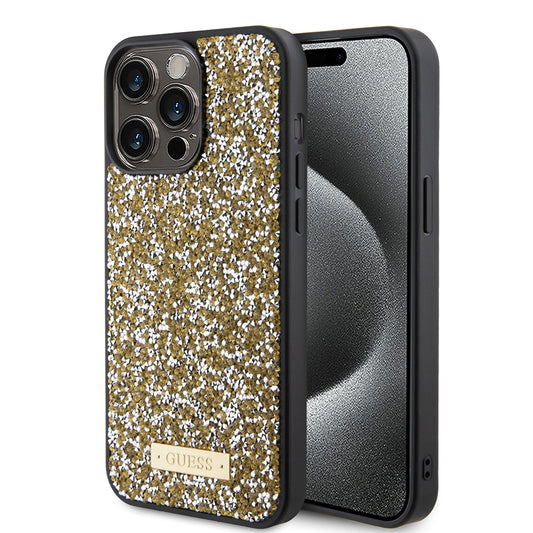 Capa para Apple iPhone 15 Pro, Guess, Logotipo de Metal com Strass, Amarela