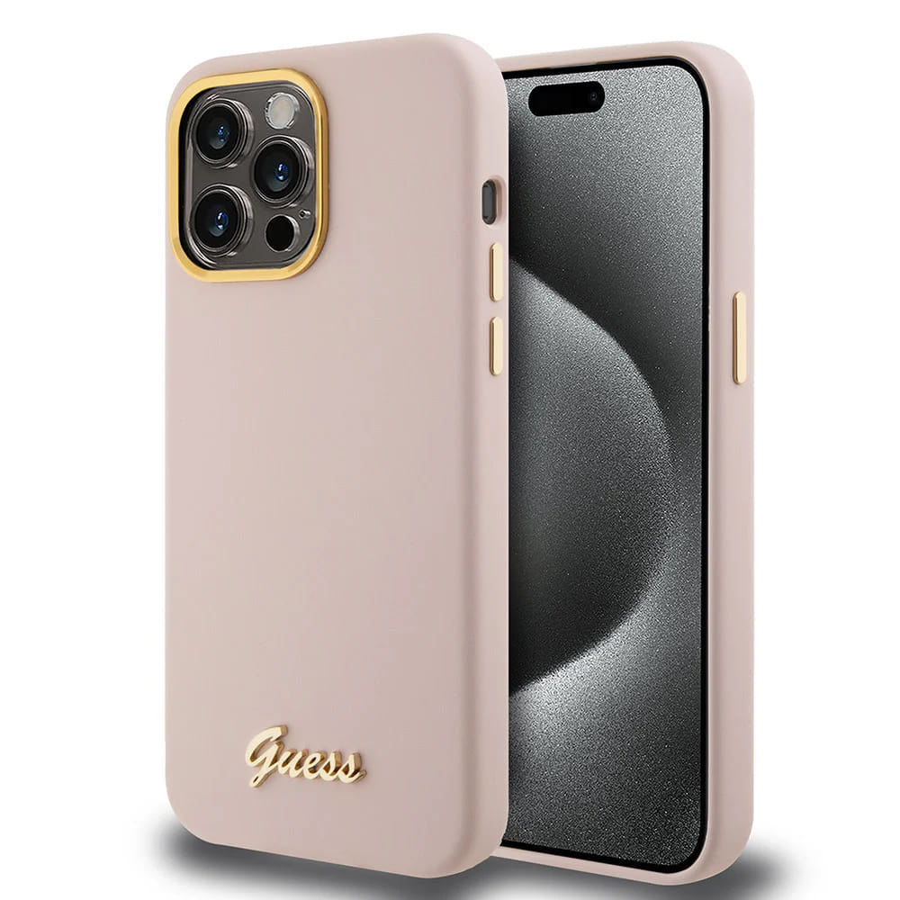 Capa para Apple iPhone 15 Pro, Guess, Script Metal Logo & Frame, Rosa Claro
