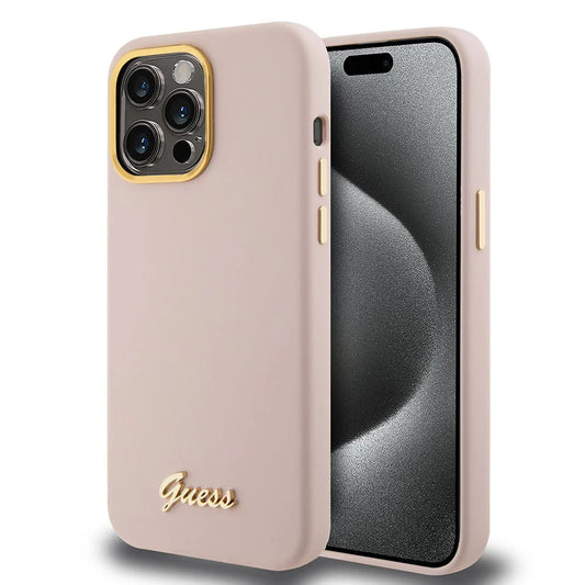 Capa para Apple iPhone 15 Pro, Guess, Script Metal Logo & Frame, Rosa Claro