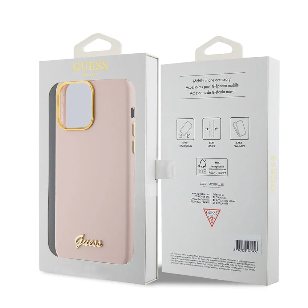 Capa para Apple iPhone 15 Pro, Guess, Script Metal Logo & Frame, Rosa Claro