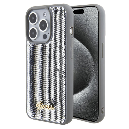 Capa para Apple iPhone 15 Pro, Guess, Sequin Script Metal, Prateada