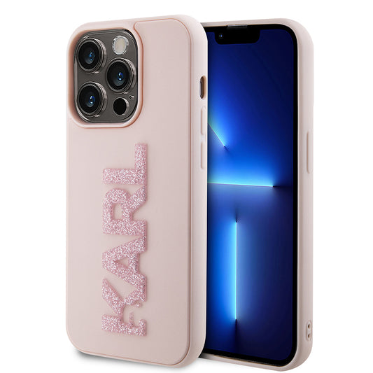 Capa para Apple iPhone 15 Pro, Karl Lagerfeld, Logo Karl em Borracha Glitter 3D, Rosa