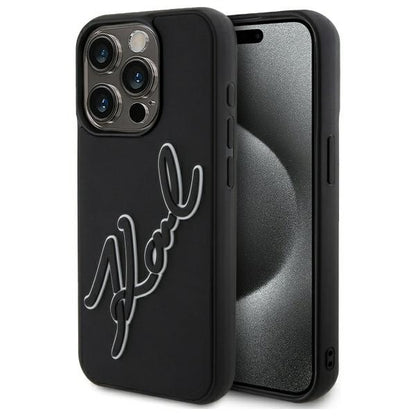 Capa para Apple iPhone 15 Pro, Karl Lagerfeld, Assinatura de Borracha 3D, Preta.