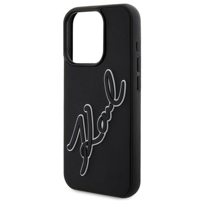 Capa para Apple iPhone 15 Pro, Karl Lagerfeld, Assinatura de Borracha 3D, Preta.