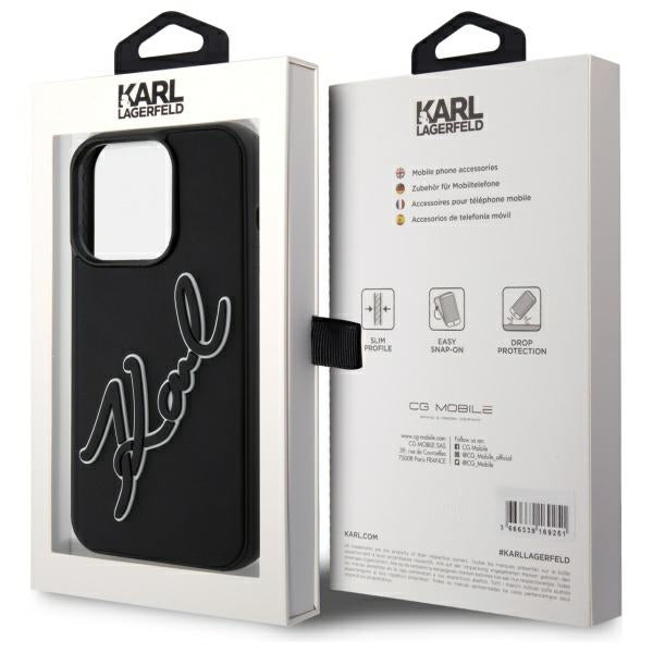 Capa para Apple iPhone 15 Pro, Karl Lagerfeld, Assinatura de Borracha 3D, Preta.