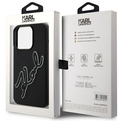 Capa para Apple iPhone 15 Pro, Karl Lagerfeld, Assinatura de Borracha 3D, Preta.