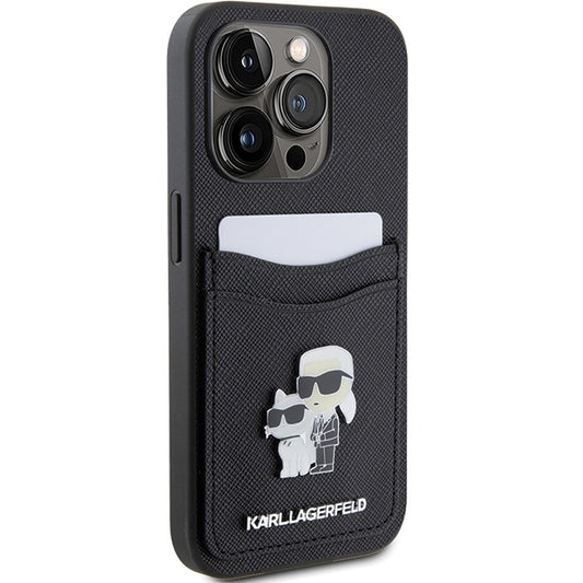 Capa para Apple iPhone 15 Pro, Karl Lagerfeld, Saffiano Card Slot Metal Karl & Choupette, Preta.