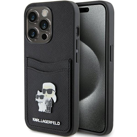 Capa para Apple iPhone 15 Pro, Karl Lagerfeld, Saffiano Card Slot Metal Karl & Choupette, Preta.