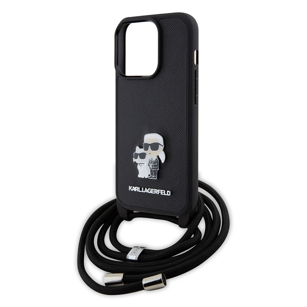 Capa para Apple iPhone 15 Pro, Karl Lagerfeld, Saffiano Crossbody Metal Pin Karl & Choupette, Preta.