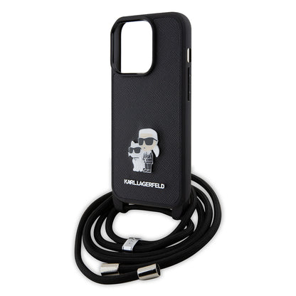 Capa para Apple iPhone 15 Pro, Karl Lagerfeld, Saffiano Crossbody Metal Pin Karl & Choupette, Preta.