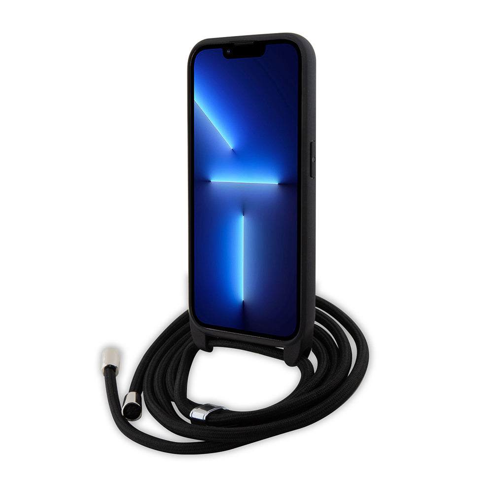 Capa para Apple iPhone 15 Pro, Karl Lagerfeld, Saffiano Crossbody Metal Pin Karl & Choupette, Preta.