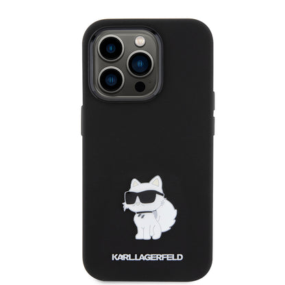 Capa para Apple iPhone 15 Pro, Karl Lagerfeld, Silicone Choupette Metal, Preta