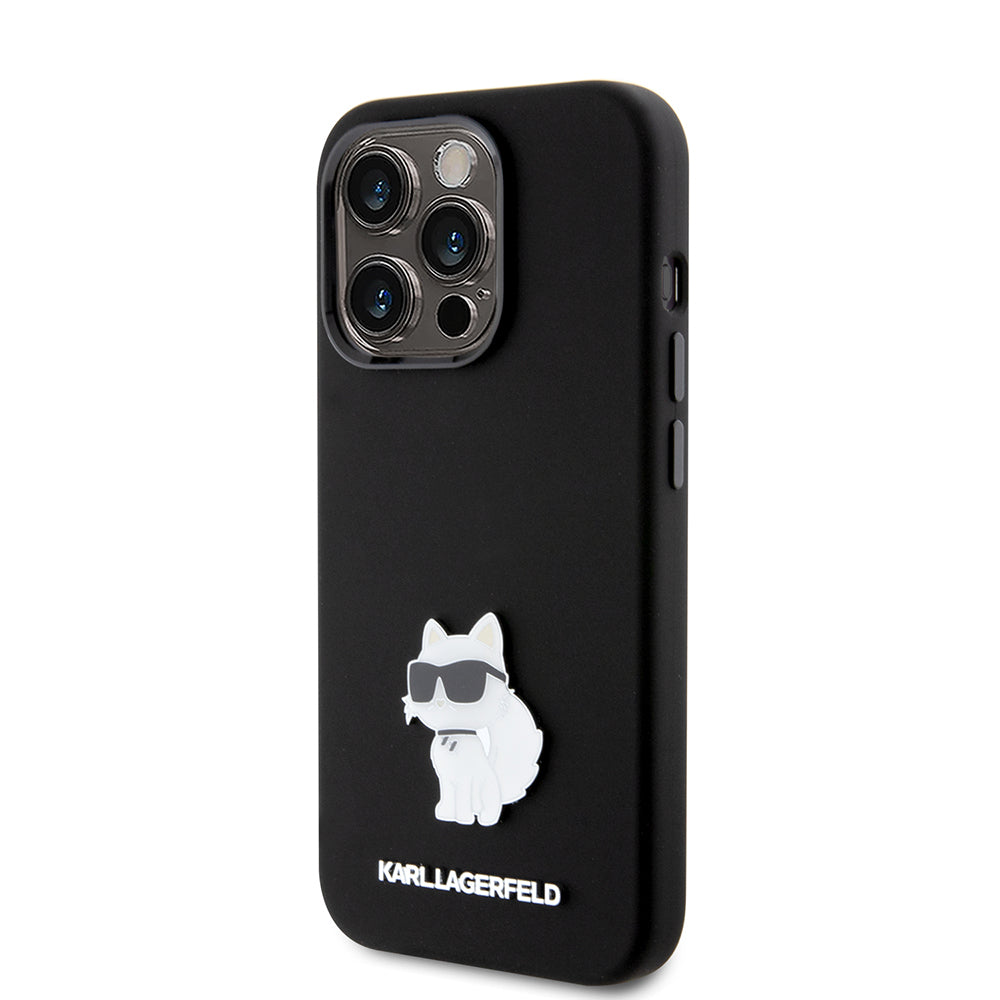 Capa para Apple iPhone 15 Pro, Karl Lagerfeld, Silicone Choupette Metal, Preta