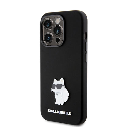 Capa para Apple iPhone 15 Pro, Karl Lagerfeld, Silicone Choupette Metal, Preta