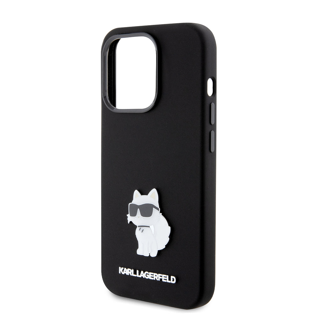 Capa para Apple iPhone 15 Pro, Karl Lagerfeld, Silicone Choupette Metal, Preta