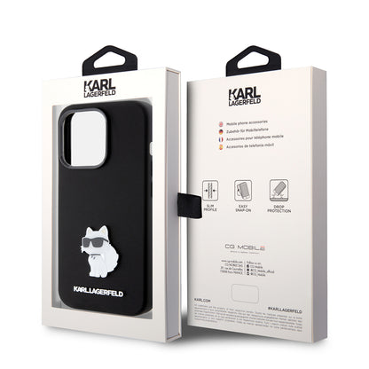 Capa para Apple iPhone 15 Pro, Karl Lagerfeld, Silicone Choupette Metal, Preta
