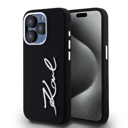 Capa para Apple iPhone 15 Pro, Karl Lagerfeld, Silicone Metal Script Logo, Preta
