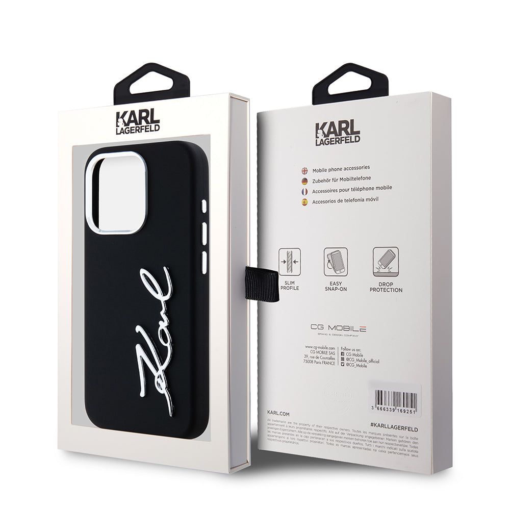 Capa para Apple iPhone 15 Pro, Karl Lagerfeld, Silicone Metal Script Logo, Preta