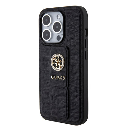 Capa para Apple iPhone 15 Pro Max, Guess, Grip Stand 4G Saffiano Strass, Preta