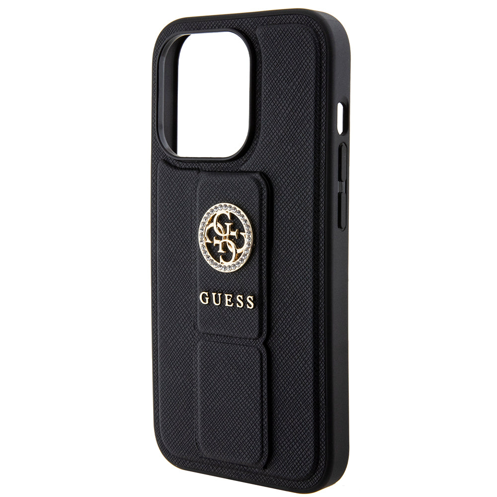 Capa para Apple iPhone 15 Pro Max, Guess, Grip Stand 4G Saffiano Strass, Preta