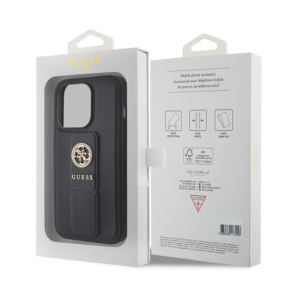 Capa para Apple iPhone 15 Pro Max, Guess, Grip Stand 4G Saffiano Strass, Preta