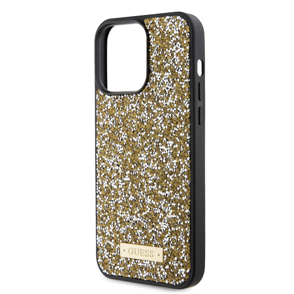 Capa para Apple iPhone 15 Pro Max, Guess, Logotipo de Metal com Strass, Amarela