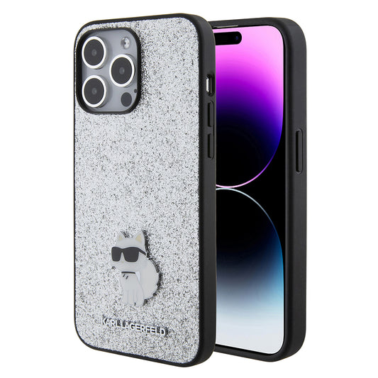 Capa para Apple iPhone 15 Pro Max, Karl Lagerfeld, Glitter Fixed Choupette Logo, Prateada