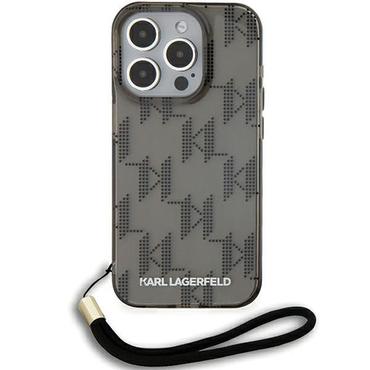 Capa para Apple iPhone 15 Pro Max, Karl Lagerfeld, IML Luxury Monogram KL Pattern with Strap, Preta