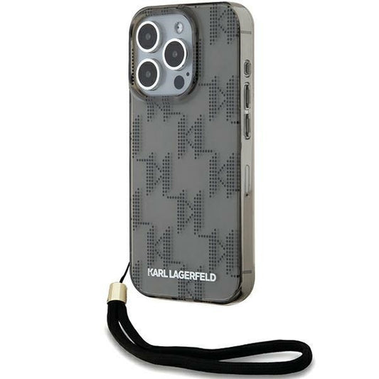 Capa para Apple iPhone 15 Pro Max, Karl Lagerfeld, IML Luxury Monogram KL Pattern with Strap, Preta