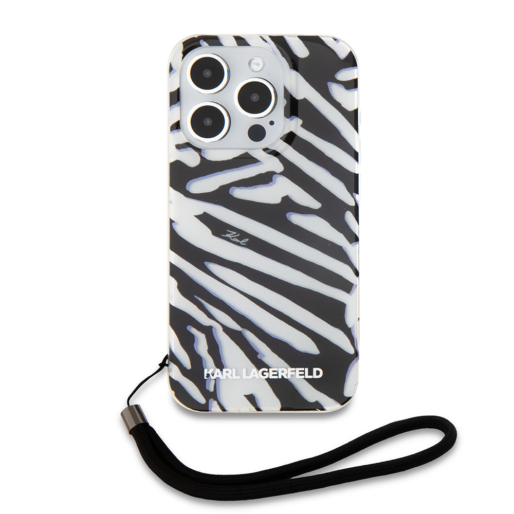 Capa para Apple iPhone 15 Pro Max, Karl Lagerfeld, Padrão Zebra de Luxo IML com Alça, Preta