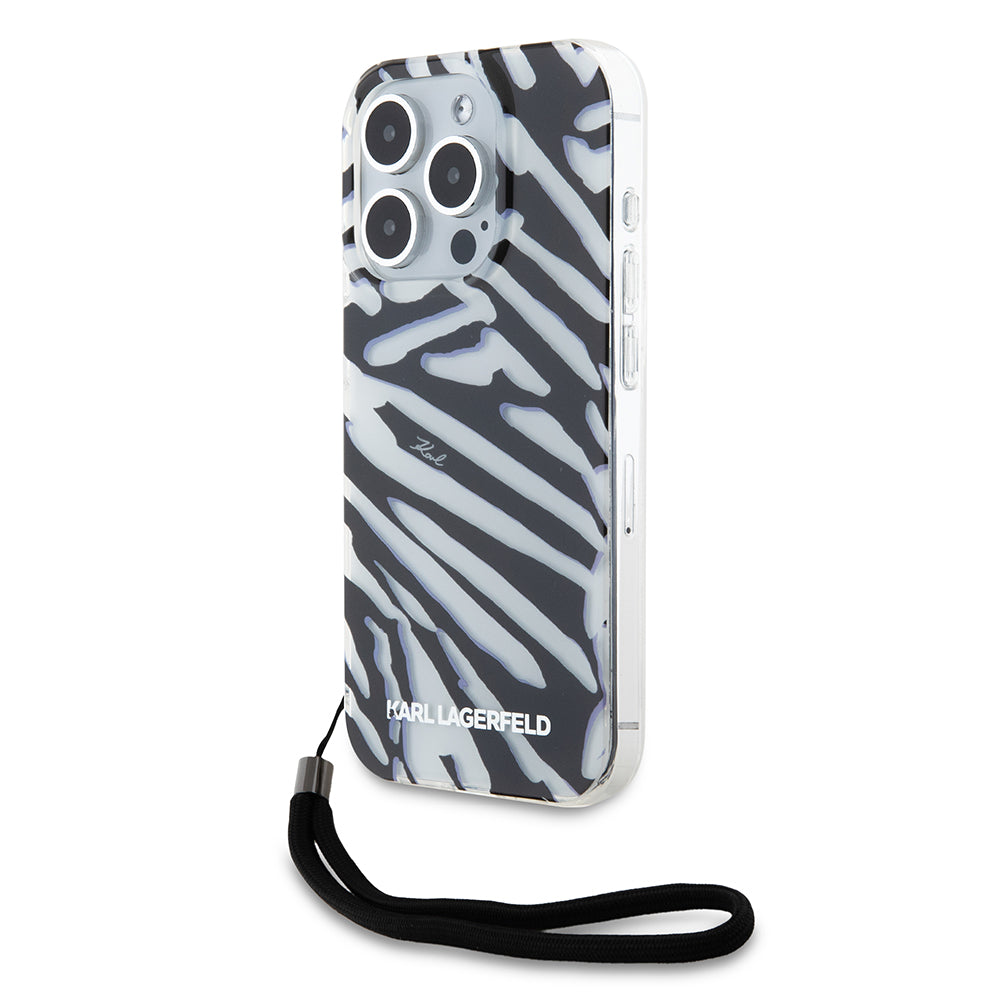 Capa para Apple iPhone 15 Pro Max, Karl Lagerfeld, Padrão Zebra de Luxo IML com Alça, Preta
