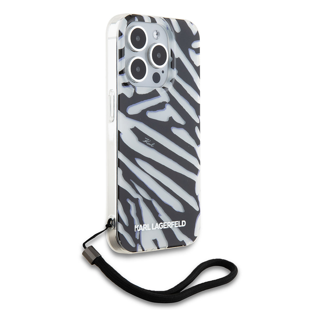 Capa para Apple iPhone 15 Pro Max, Karl Lagerfeld, Padrão Zebra de Luxo IML com Alça, Preta