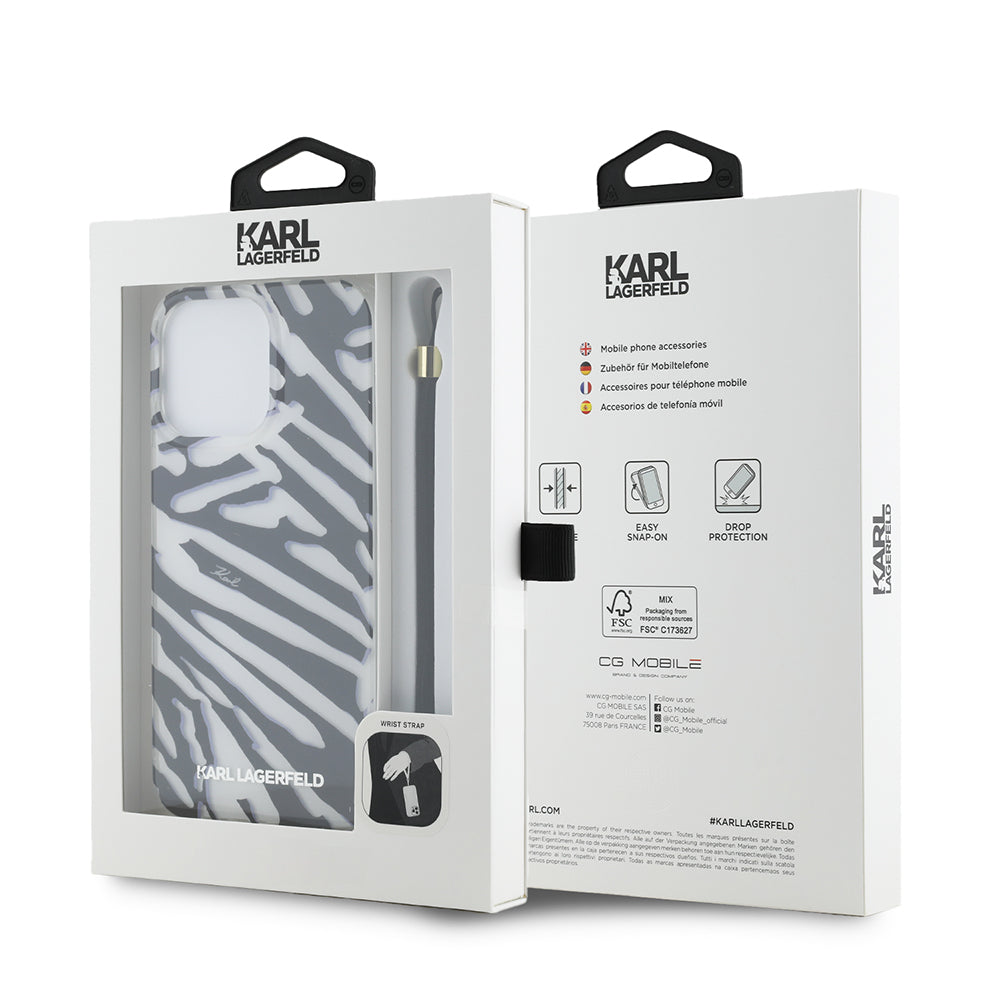 Capa para Apple iPhone 15 Pro Max, Karl Lagerfeld, Padrão Zebra de Luxo IML com Alça, Preta