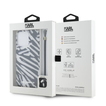 Capa para Apple iPhone 15 Pro Max, Karl Lagerfeld, Padrão Zebra de Luxo IML com Alça, Preta