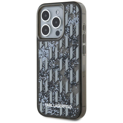 Capa para Apple iPhone 15 Pro Max, Karl Lagerfeld, Monograma de Glitter Líquido, Preta
