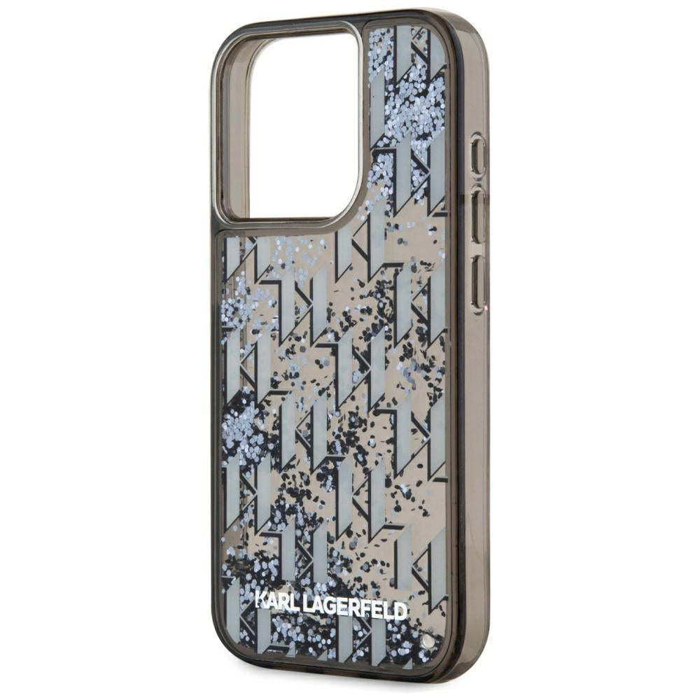 Capa para Apple iPhone 15 Pro Max, Karl Lagerfeld, Monograma de Glitter Líquido, Preta