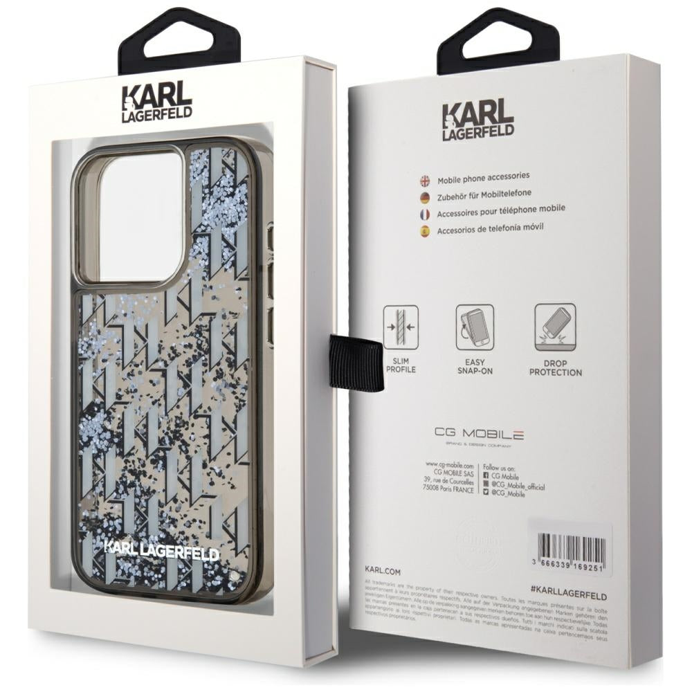 Capa para Apple iPhone 15 Pro Max, Karl Lagerfeld, Monograma de Glitter Líquido, Preta