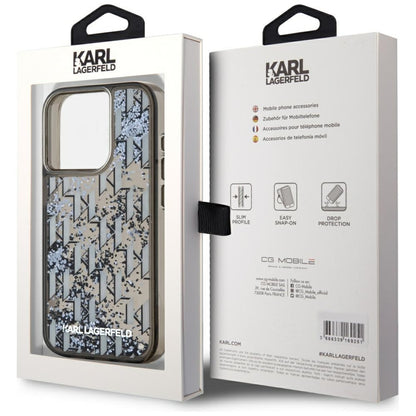 Capa para Apple iPhone 15 Pro Max, Karl Lagerfeld, Monograma de Glitter Líquido, Preta