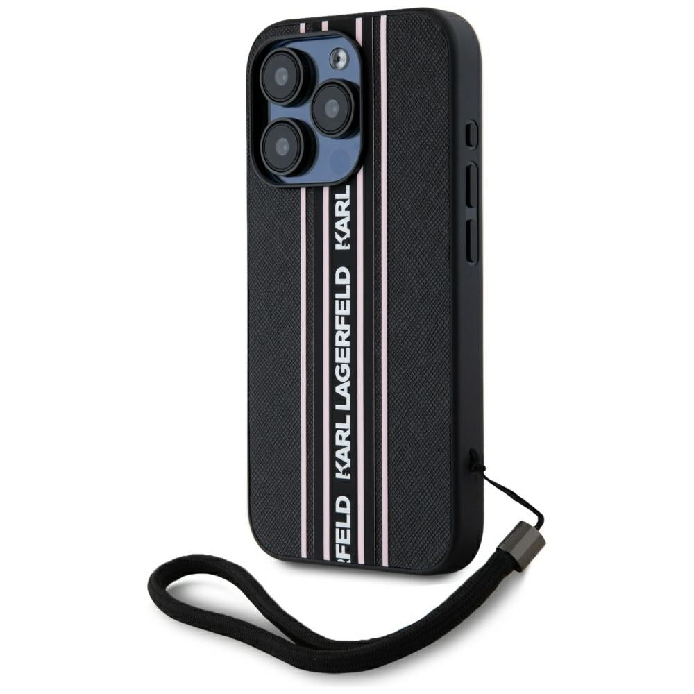 Capa para Apple iPhone 15 Pro Max, Karl Lagerfeld, Saffiano Athleisure Stripes com Alça, Rosa