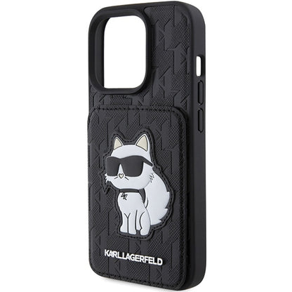 Capa para Apple iPhone 15 Pro Max, Karl Lagerfeld, Saffiano com Slots para Cartões e Suporte Monograma Choupette, Preta.