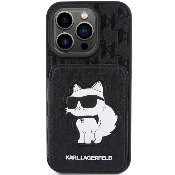 Capa para Apple iPhone 15 Pro Max, Karl Lagerfeld, Saffiano com Slots para Cartões e Suporte Monograma Choupette, Preta.